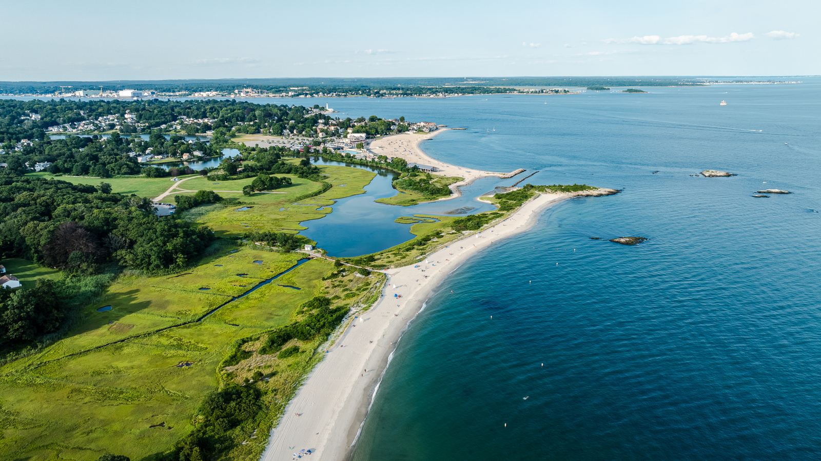 Aerial view of a beach peninsula and coastline