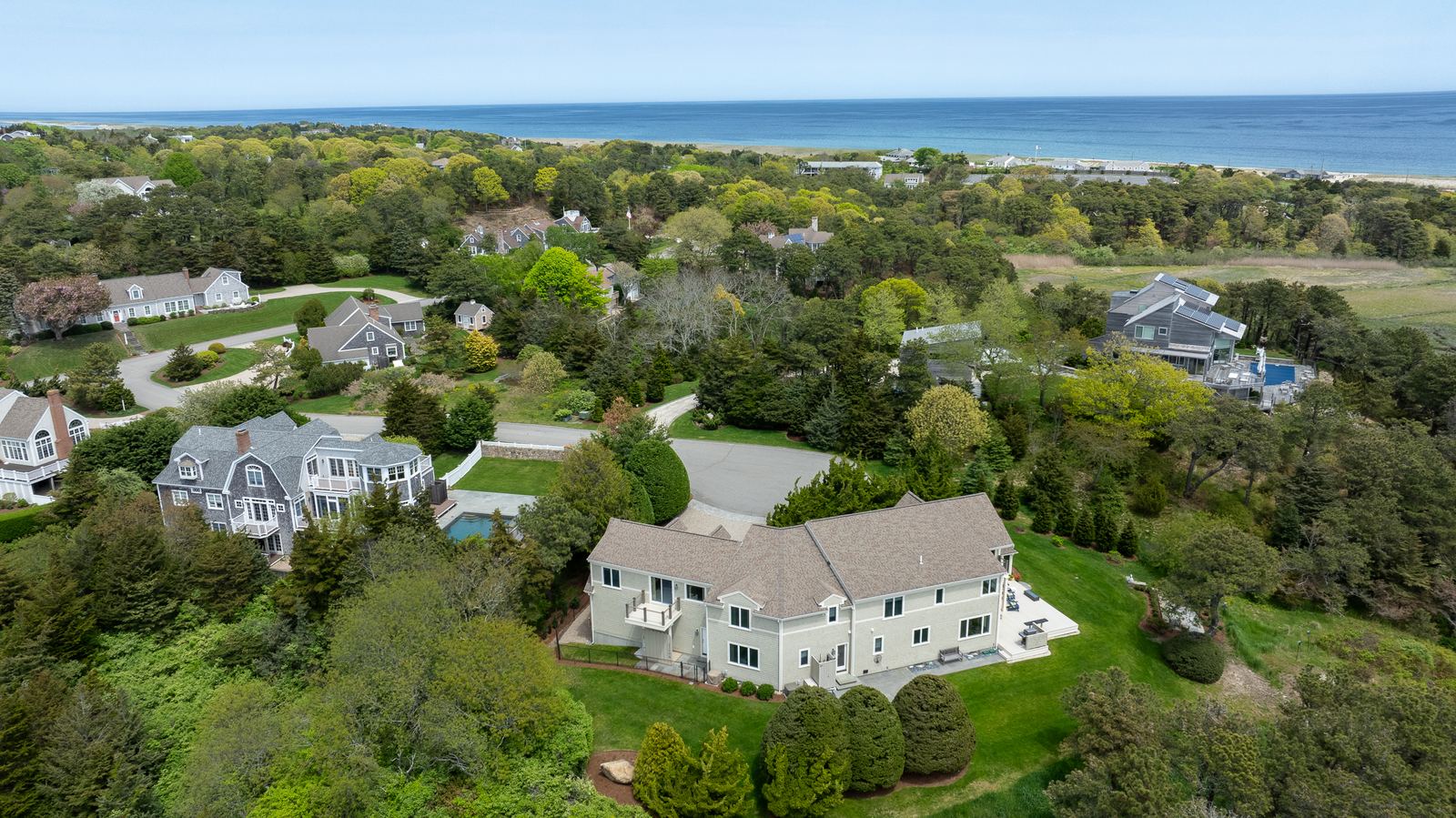 Aerial view of a coastal neighborhood near the ocean