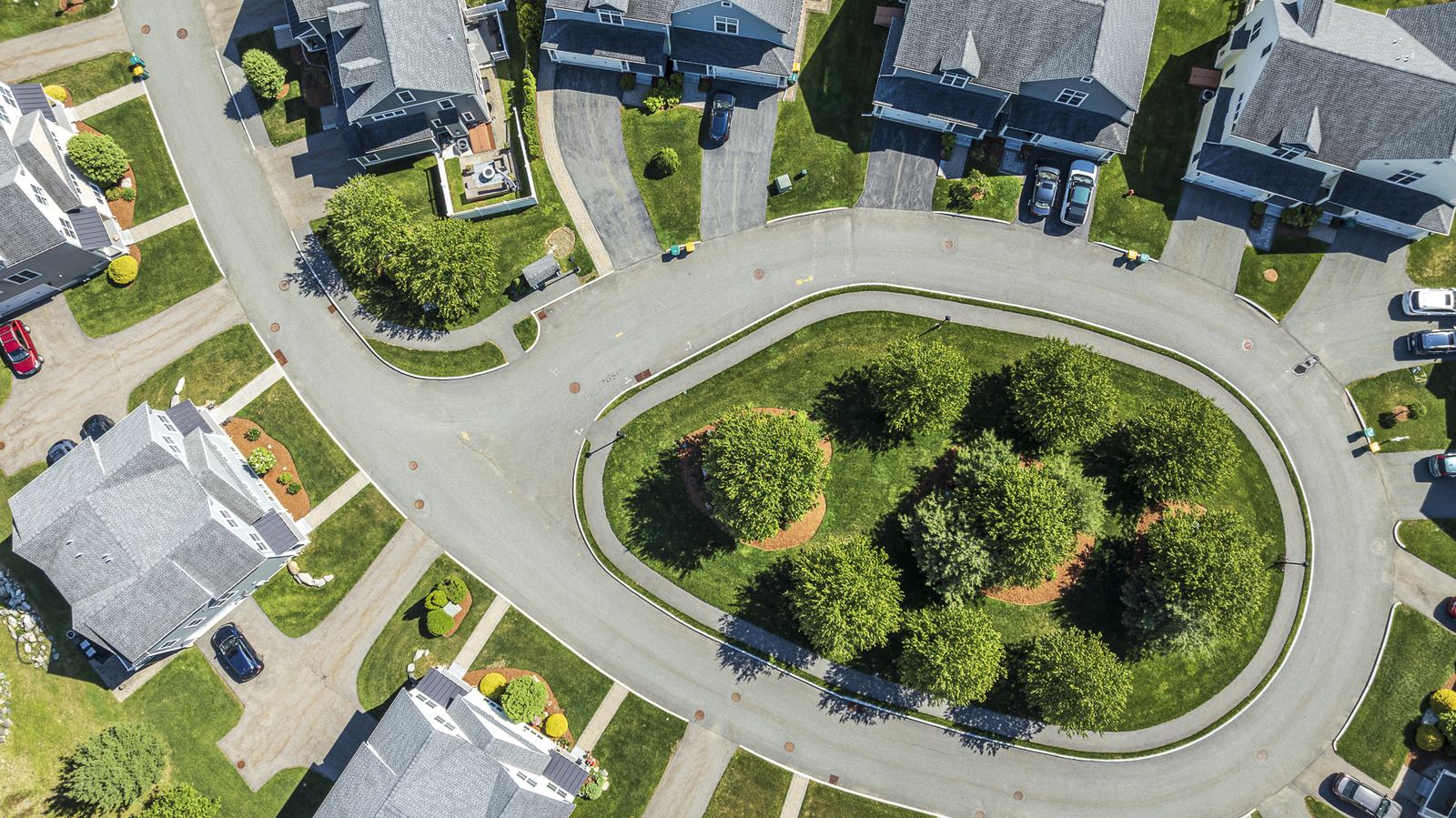 Top-down aerial of a neighborhood cul-de-sac