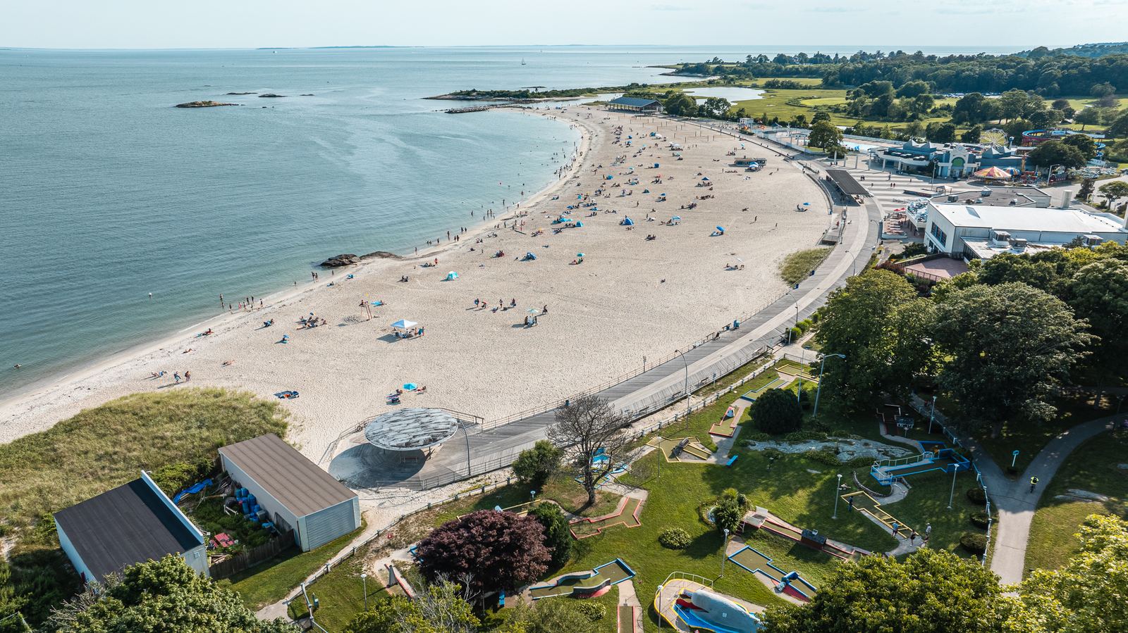 Aerial view of a beach and boardwalk