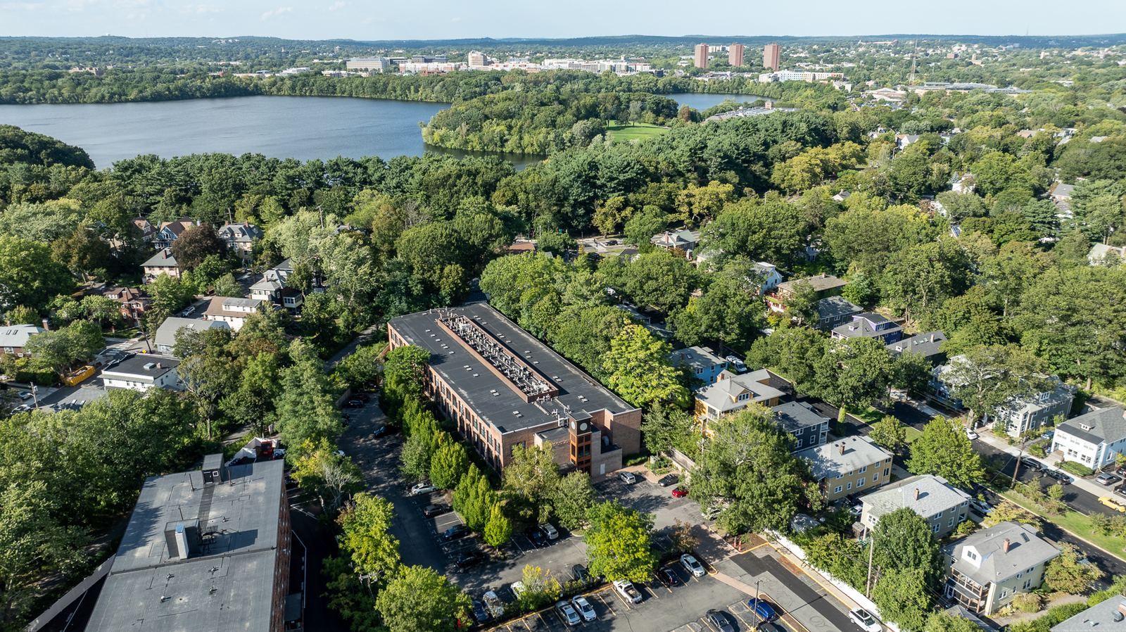 Aerial view of a town near a lake