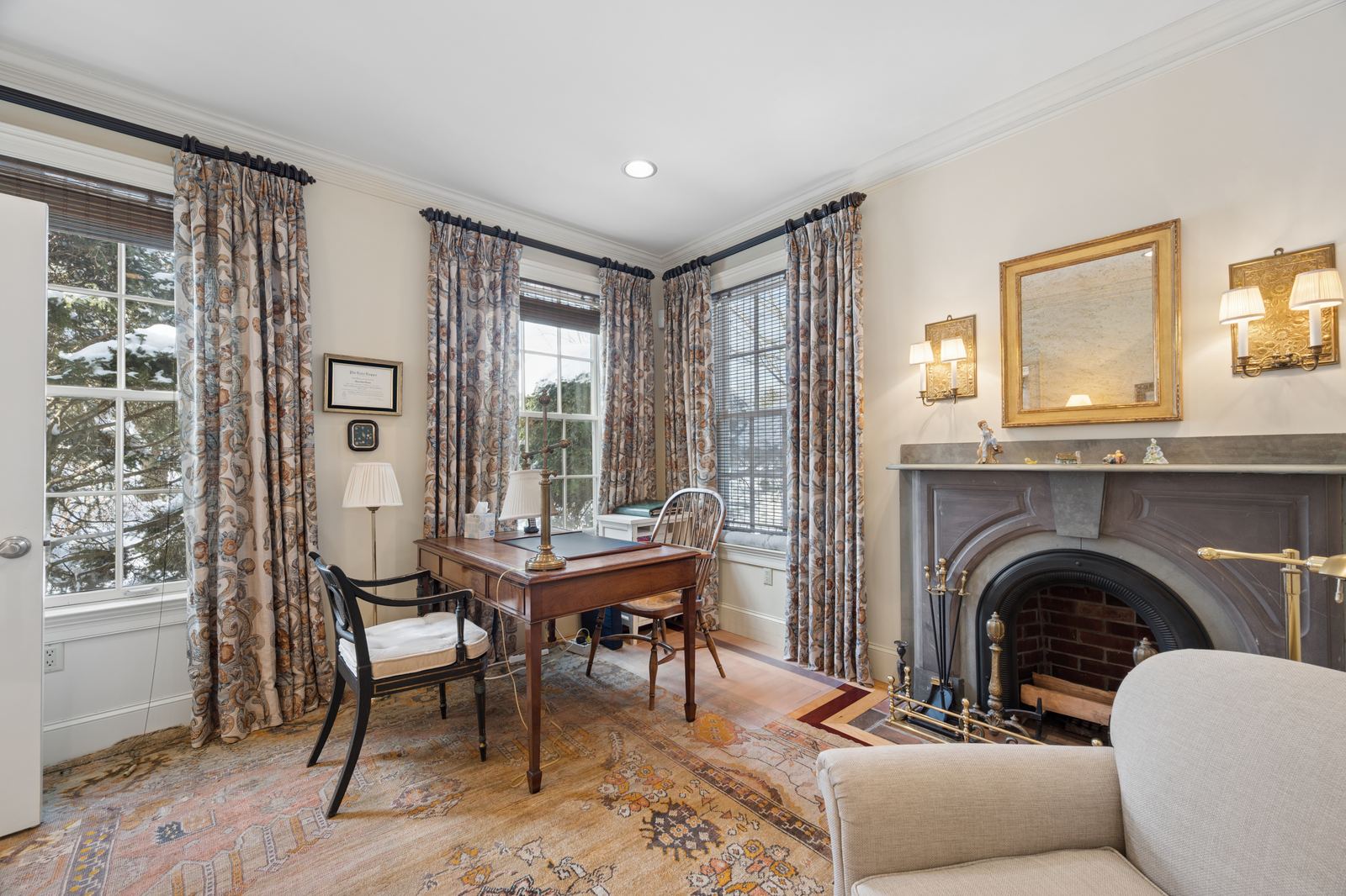 Home office with fireplace