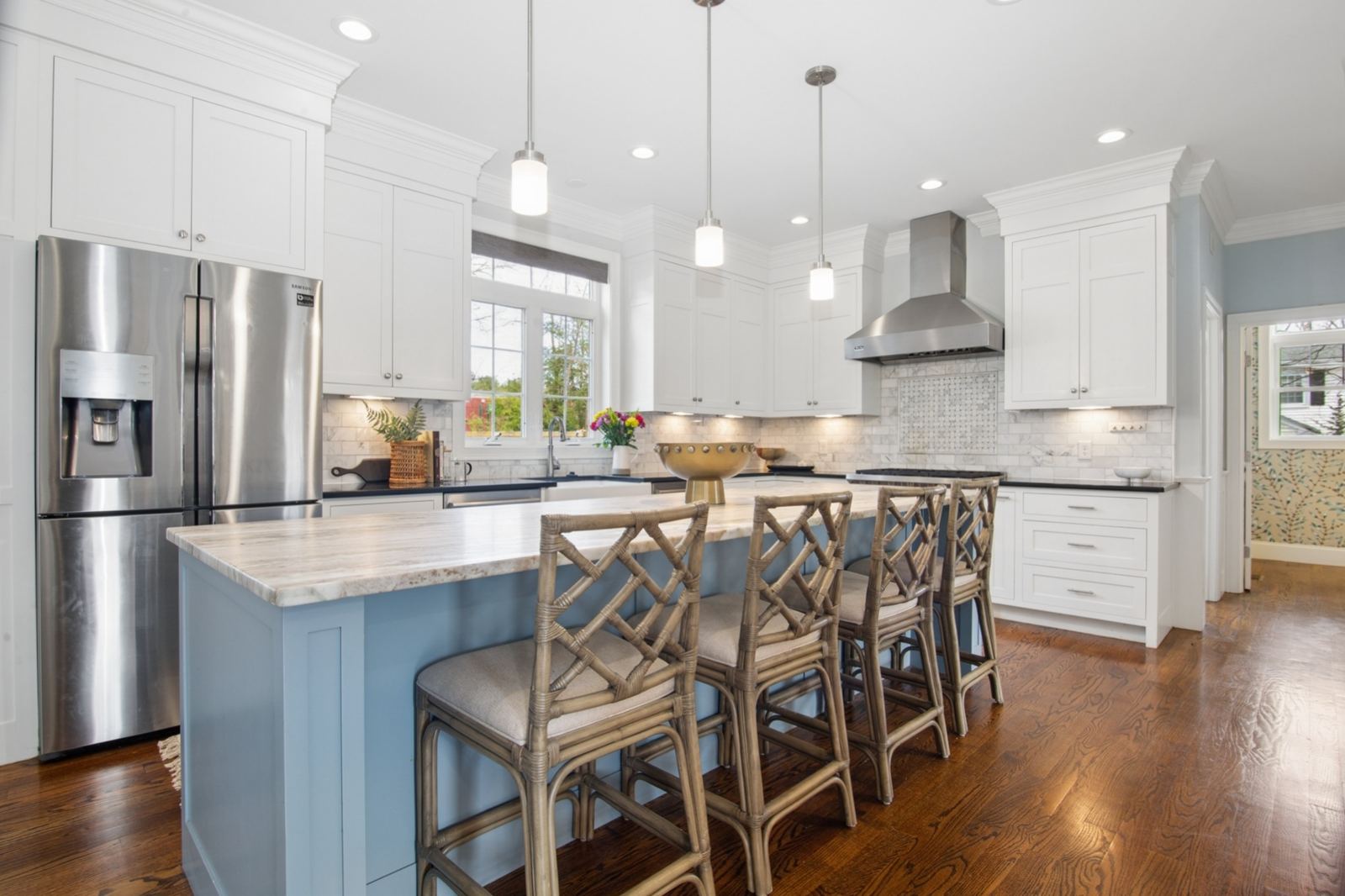 Kitchen with blue island